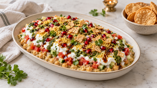 Layered chickpea chaat dip with Greek yogurt, chutneys, pomegranate and sev