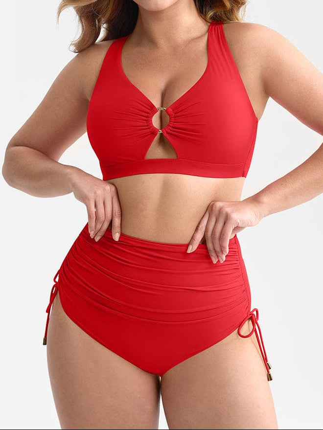 Sculpt Ring Two-Piece Swim Set in scarlet red with gold ring detail
