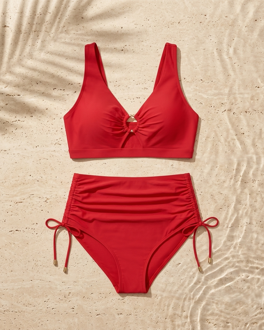Flat lay of the scarlet two-piece swim set on wet sand showing the ruched high-waist bottom and side drawstrings
