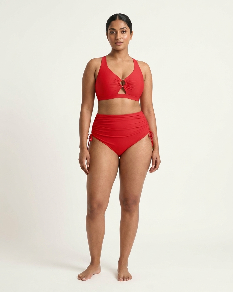 Model wearing the Sculpt Ring Two-Piece Swim Set in scarlet, front view on a clean studio backdrop